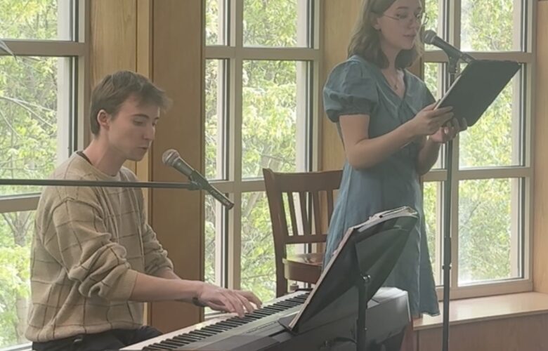 Two Westminster students performing in Giovale Library.